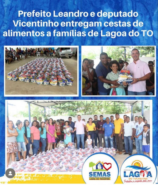 Prefeito Leandro e deputado Vicentinho entregam cestas de alimentos a famílias de Lagoa do TO