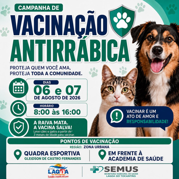 Campanha de vacinação antirrábica começa nesta quinta-feira, 6, em Lagoa do Tocantins